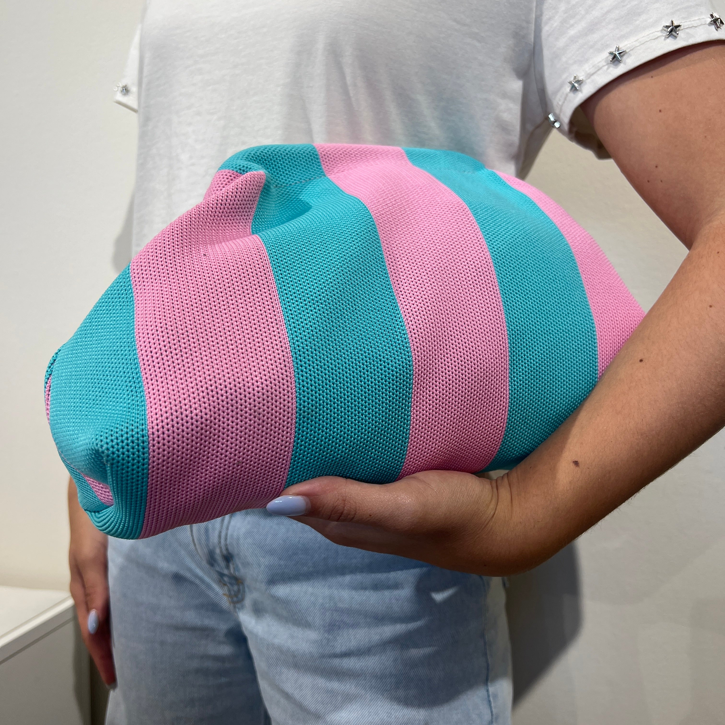 Bolso rayas verde agua-rosa