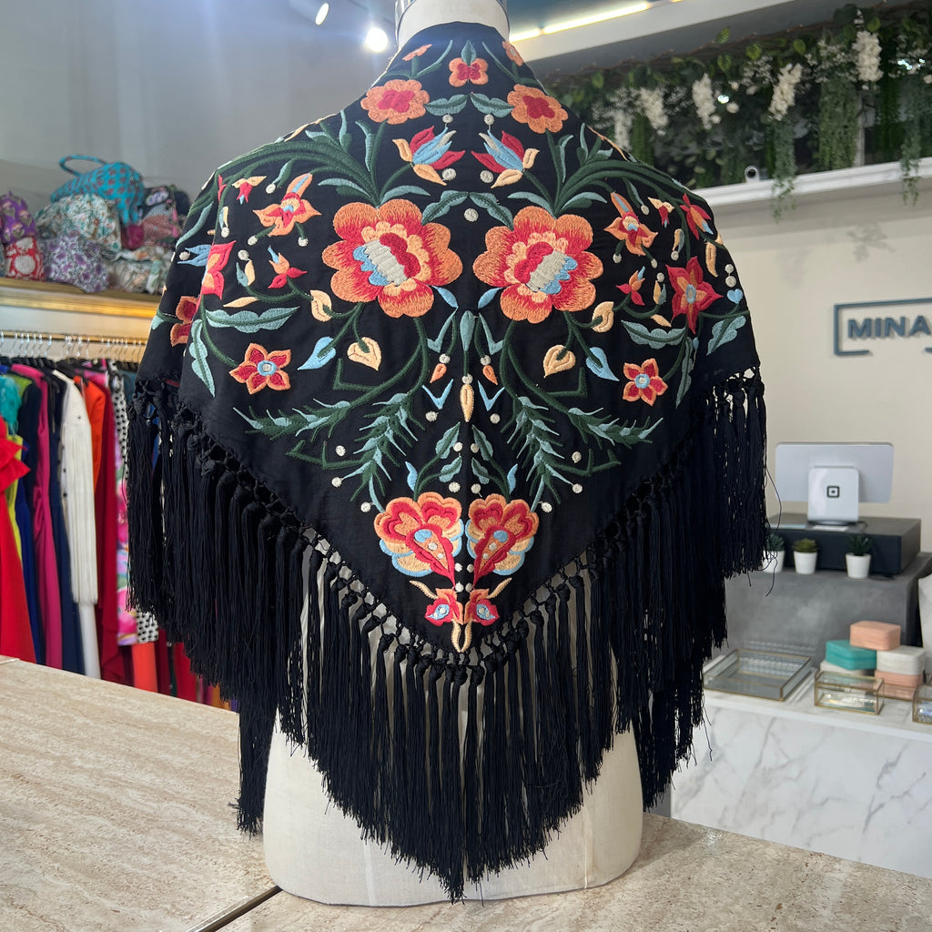 Mantón Solera negro con coral