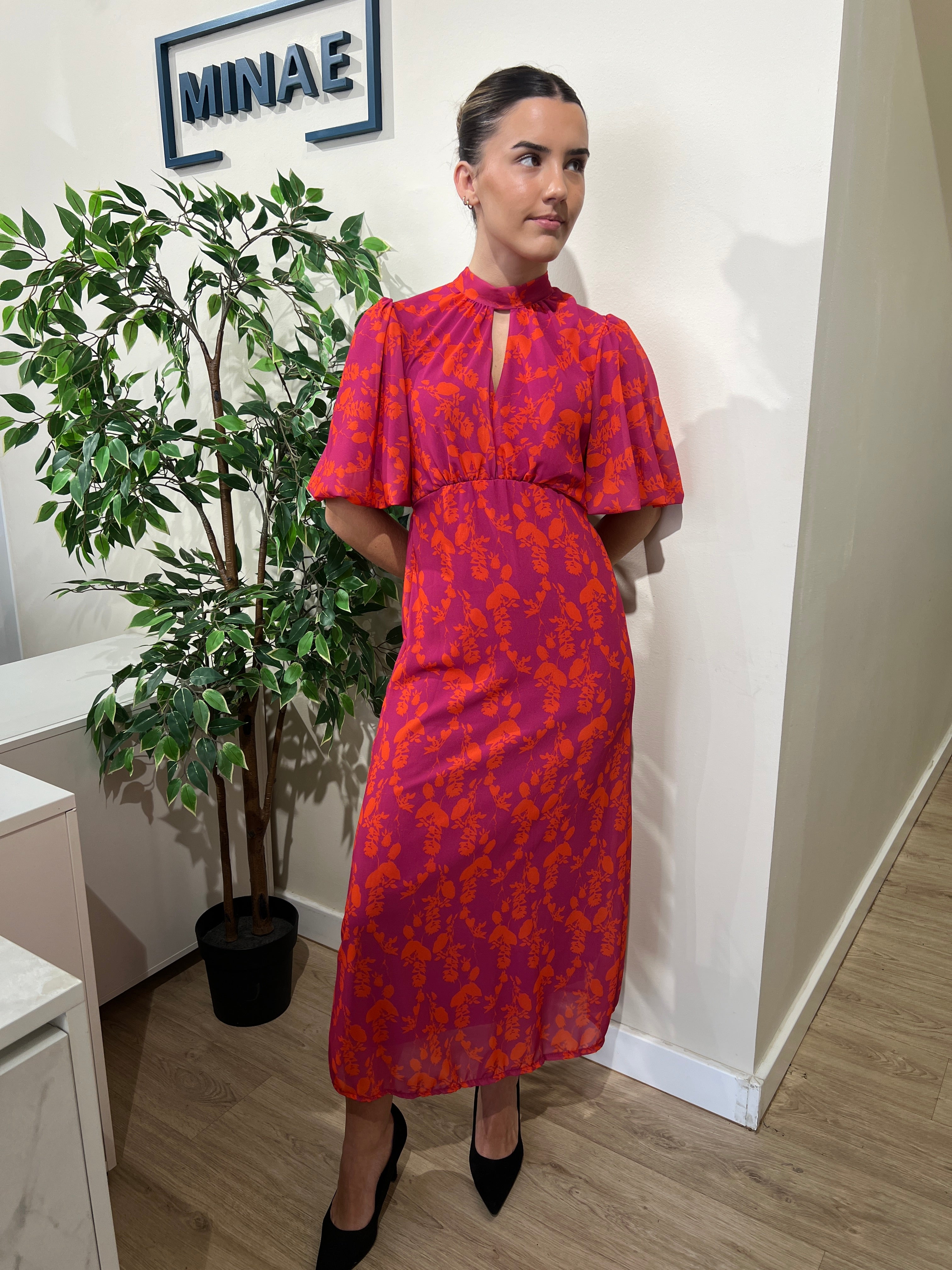 Vestido Renata fucsia y naranja