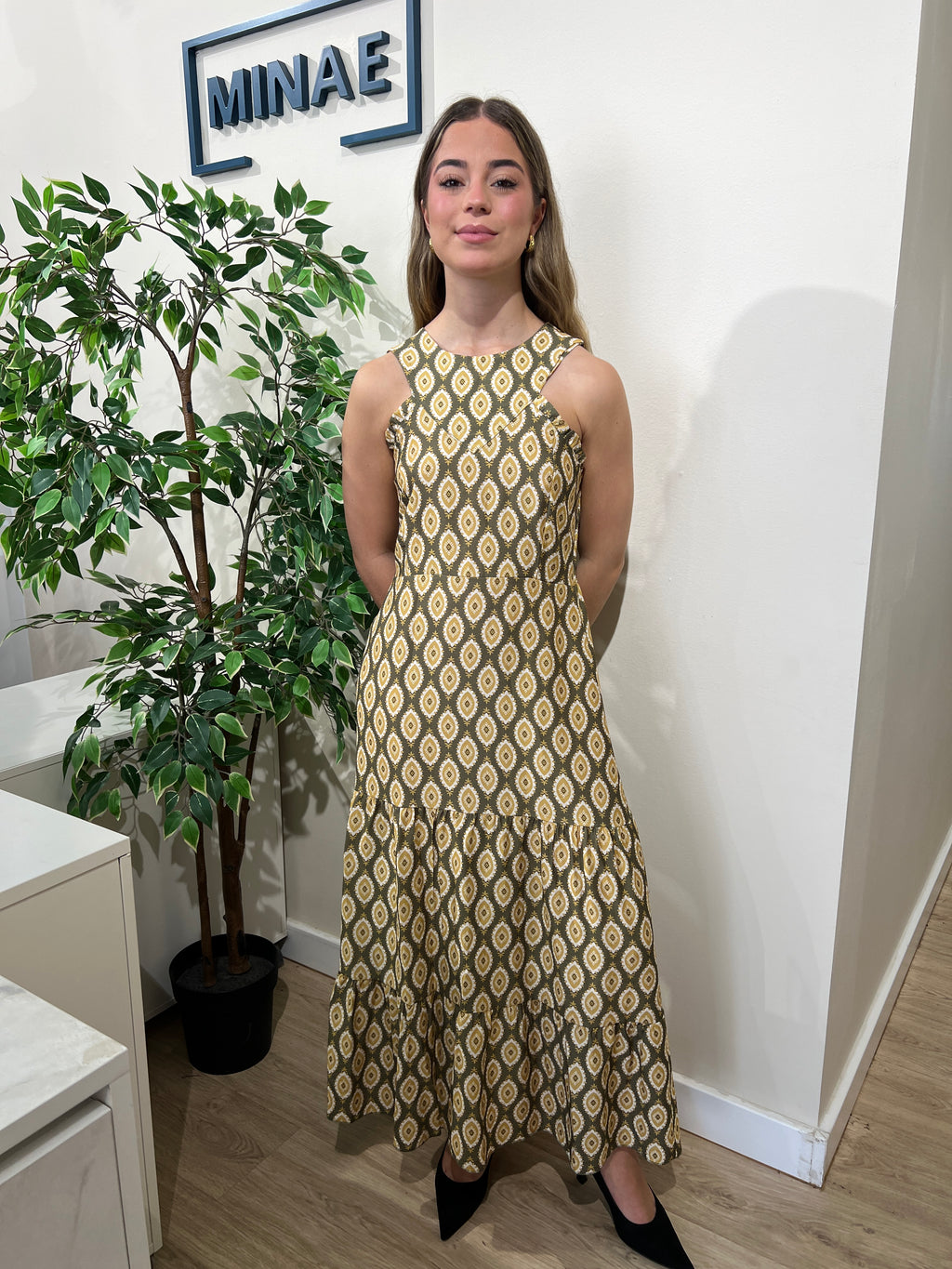 Vestido Bianca caqui y mostaza